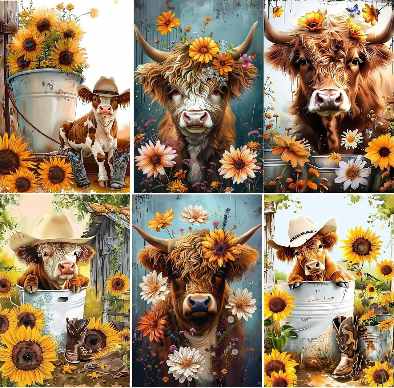 6 Pack 5D Diamond Painting Kits for Adults (E 6 Pack Cow) 15.7 x 11.8 x 0.1 inches